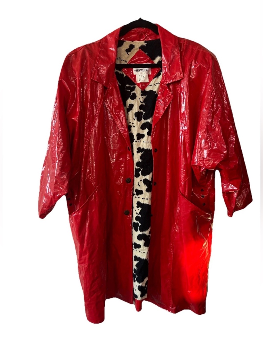 VTG Wippette Red Vinyl Patent Leather Rain Coat Cow Print Lining Oversized 80s L